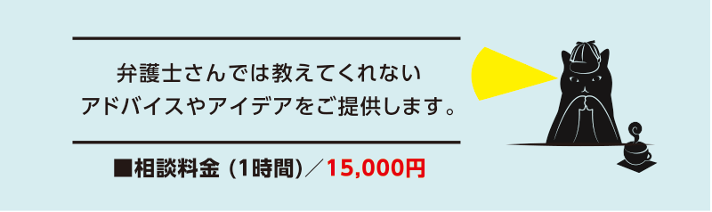 弁護士さんでは教えてくれないアドバイスやアイデアをご提供します。■相談料金 (1時間)/15,000円