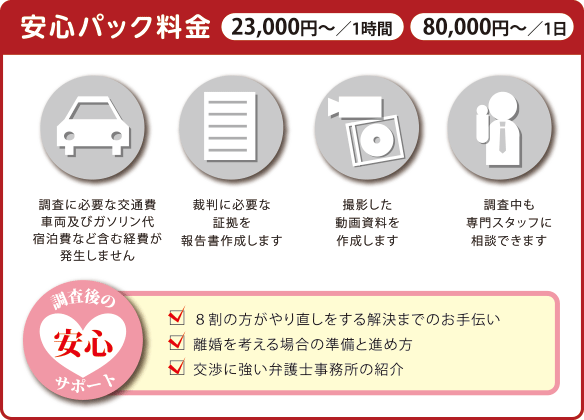安心パック料金23,000円~/1時間、80,000円~/1日