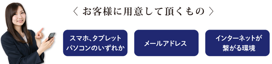 スマホ、タブレット、パソコンのいずれか。メールアドレス。インターネットが繋がる環境